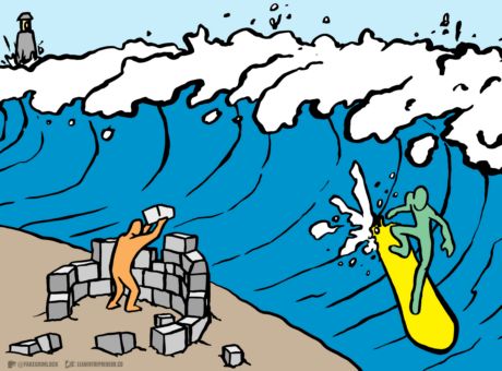 Ilustração: pessoa constrói barreira de tijolos enquanto um surfista acompanha a onda da mudança